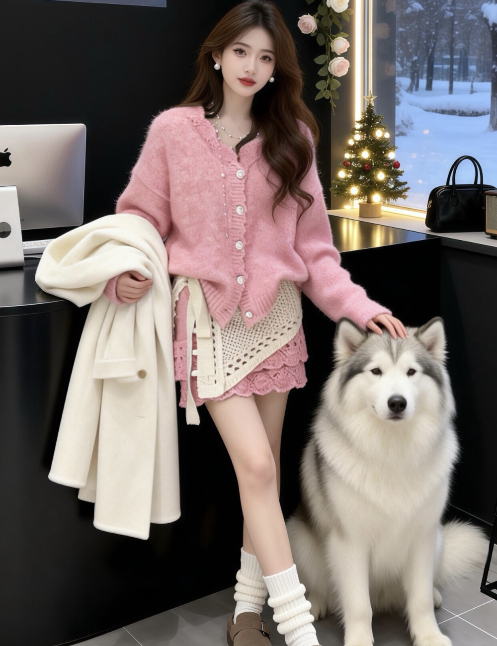 White Korean style belt winter skirt 3pcs set