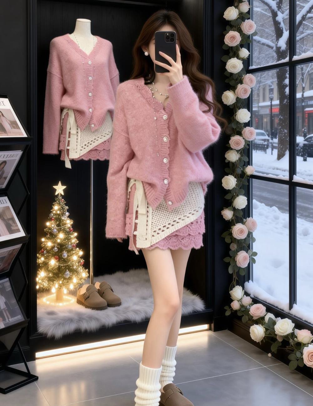 White Korean style belt winter skirt 3pcs set