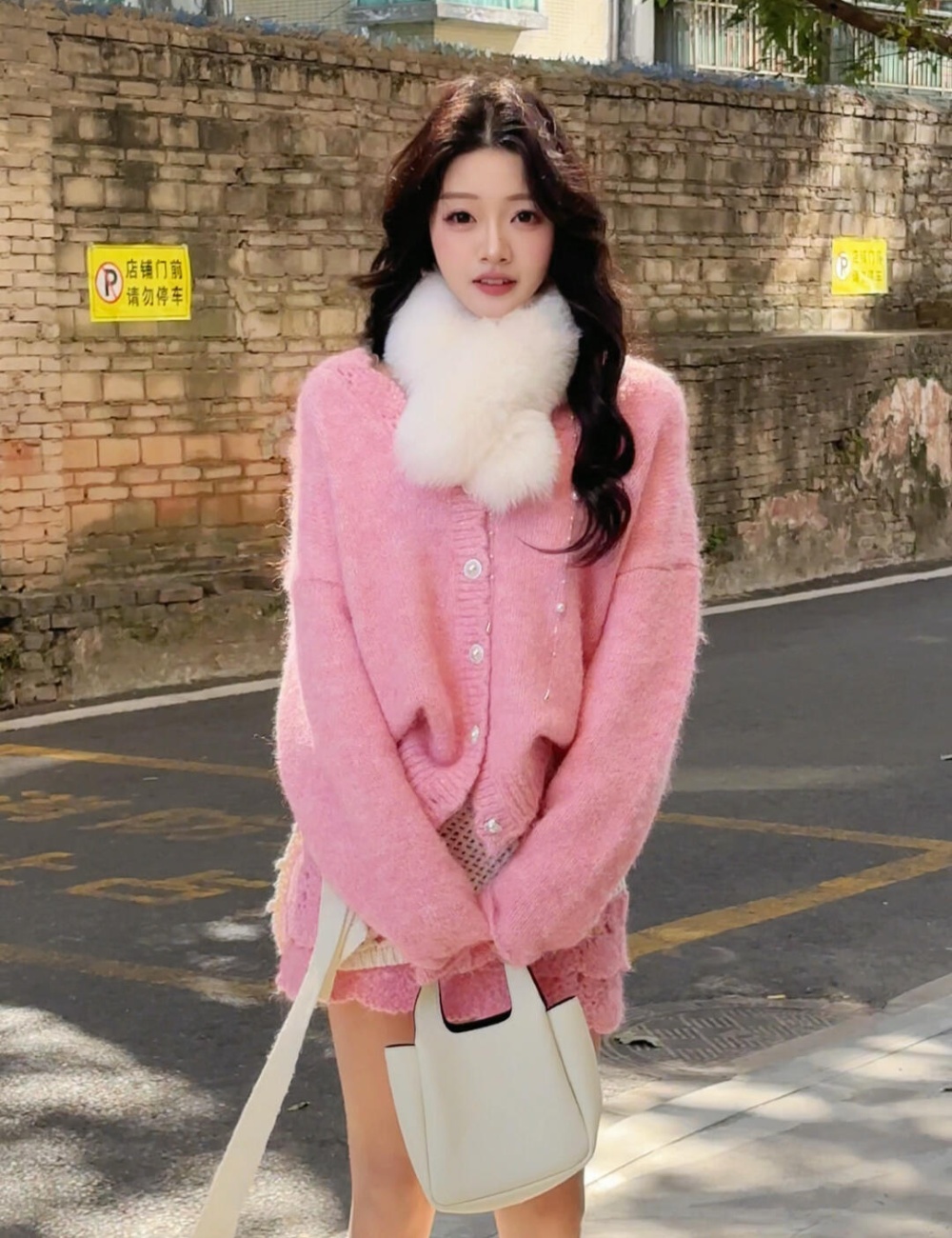 White Korean style belt winter skirt 3pcs set