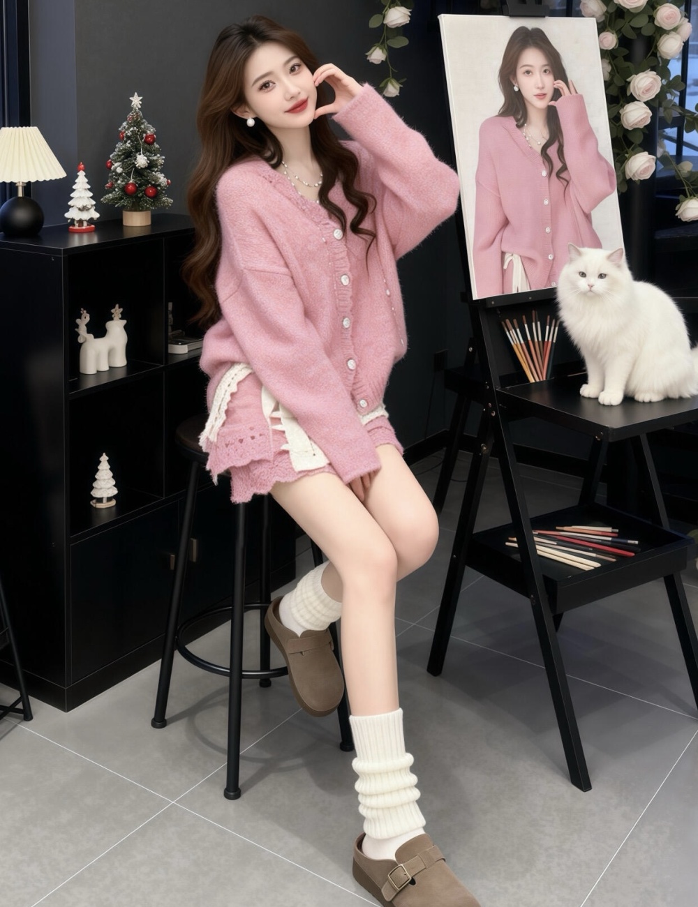 White Korean style belt winter skirt 3pcs set