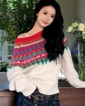 Sloping shoulder loose sweater winter long sleeve tops for women