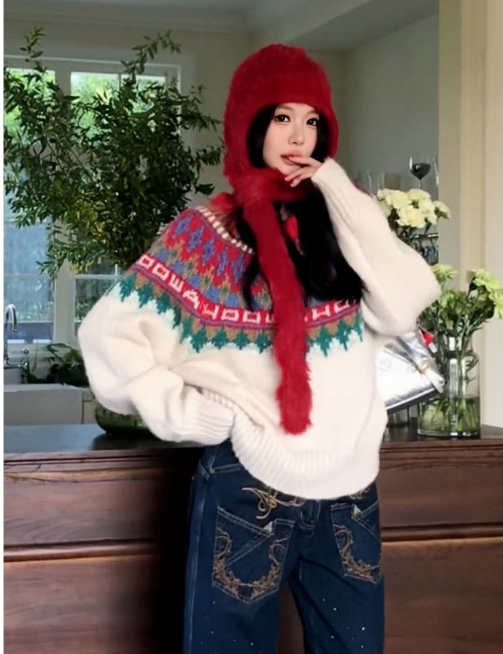 Sloping shoulder loose sweater winter long sleeve tops for women