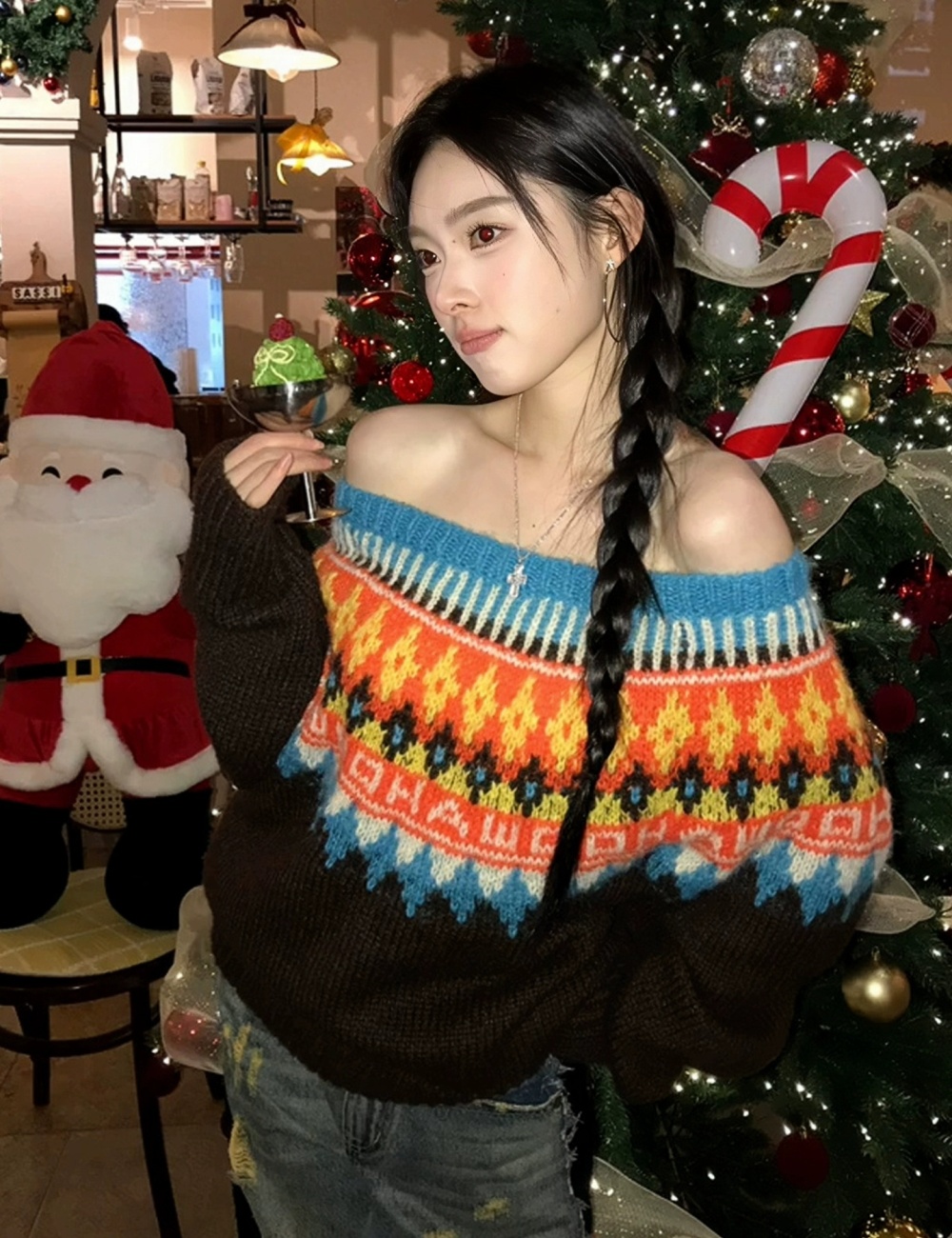 Sloping shoulder loose sweater winter long sleeve tops for women