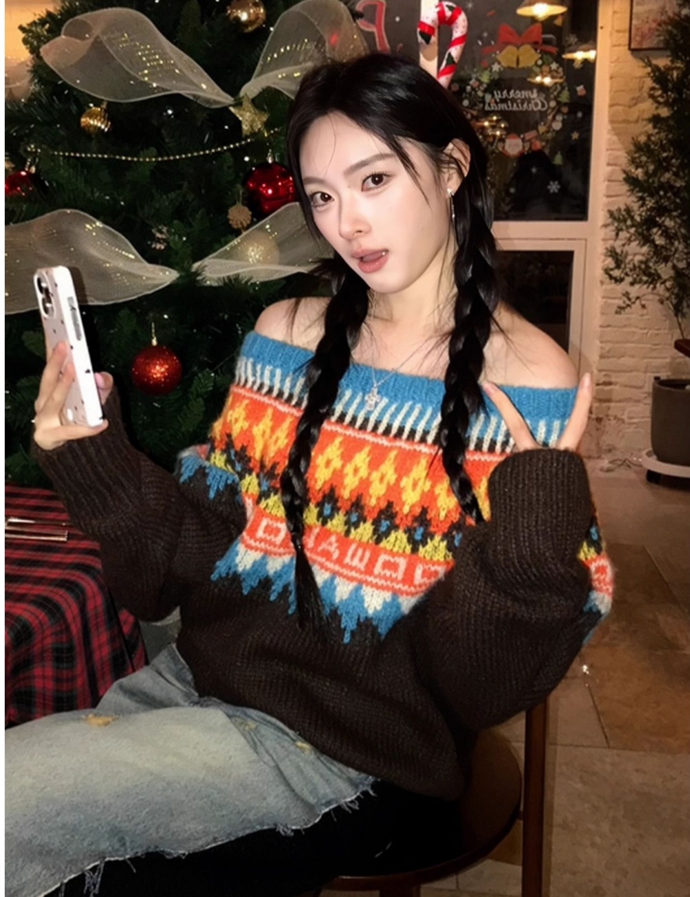 Sloping shoulder loose sweater winter long sleeve tops for women