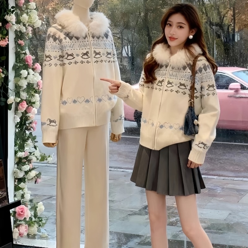 Winter large fur collar cardigan knitted sweater for women