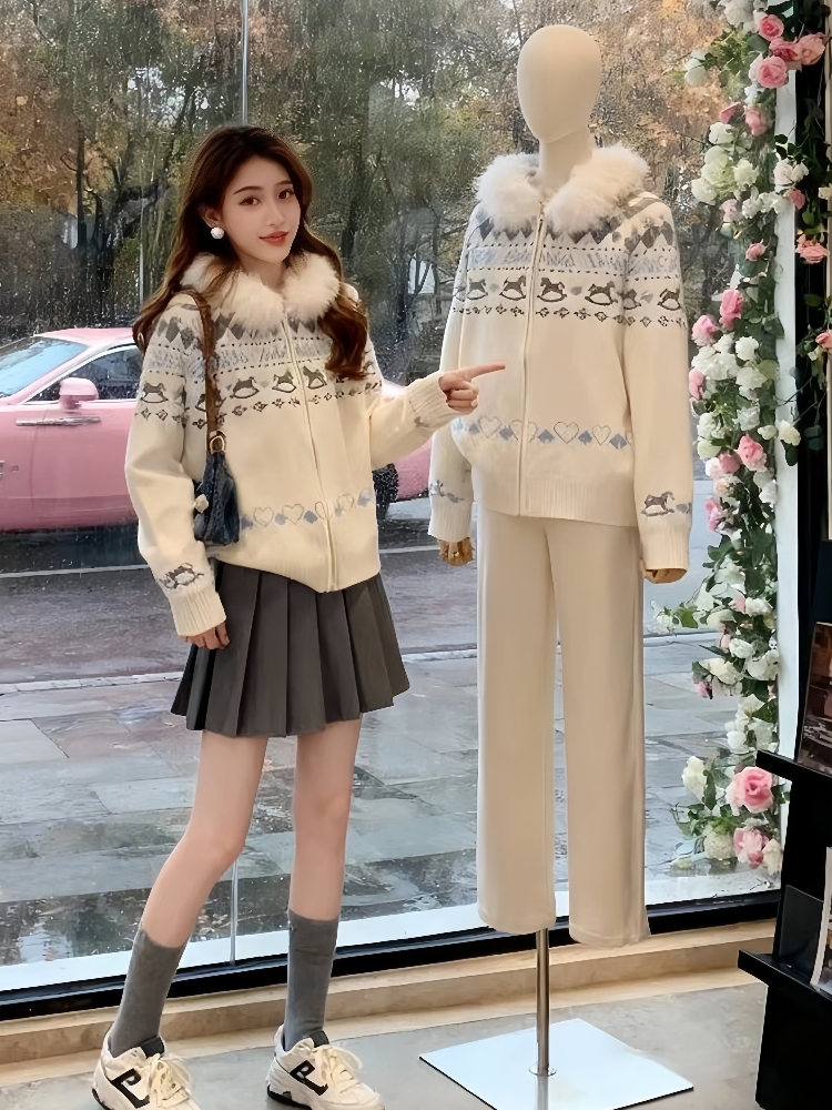 Winter large fur collar cardigan knitted sweater for women