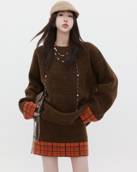 Round neck retro short skirt high waist sweater 2pcs set