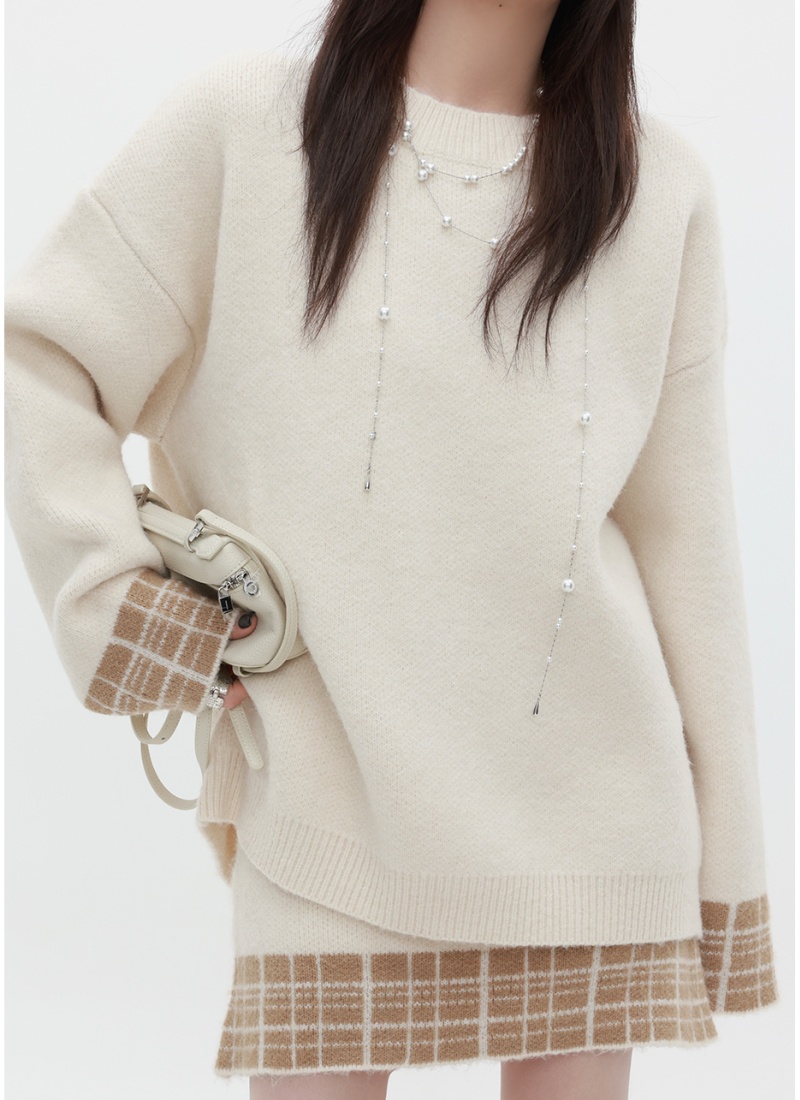 Round neck retro short skirt high waist sweater 2pcs set