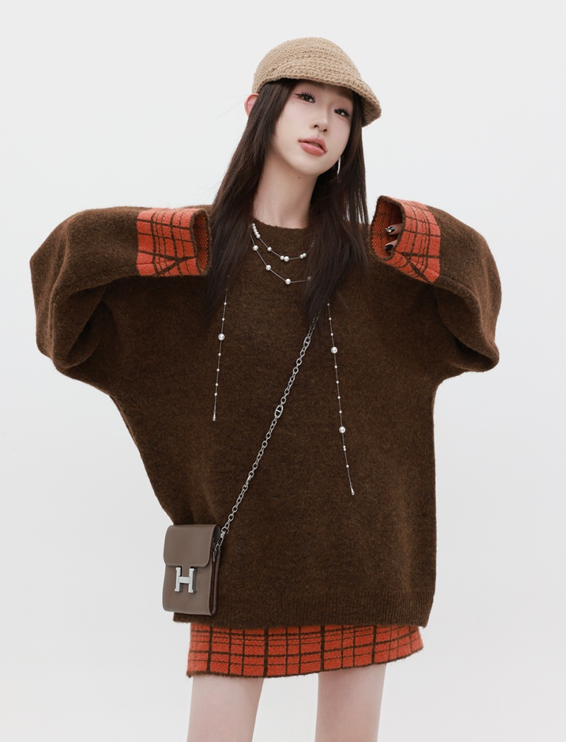 Round neck retro short skirt high waist sweater 2pcs set