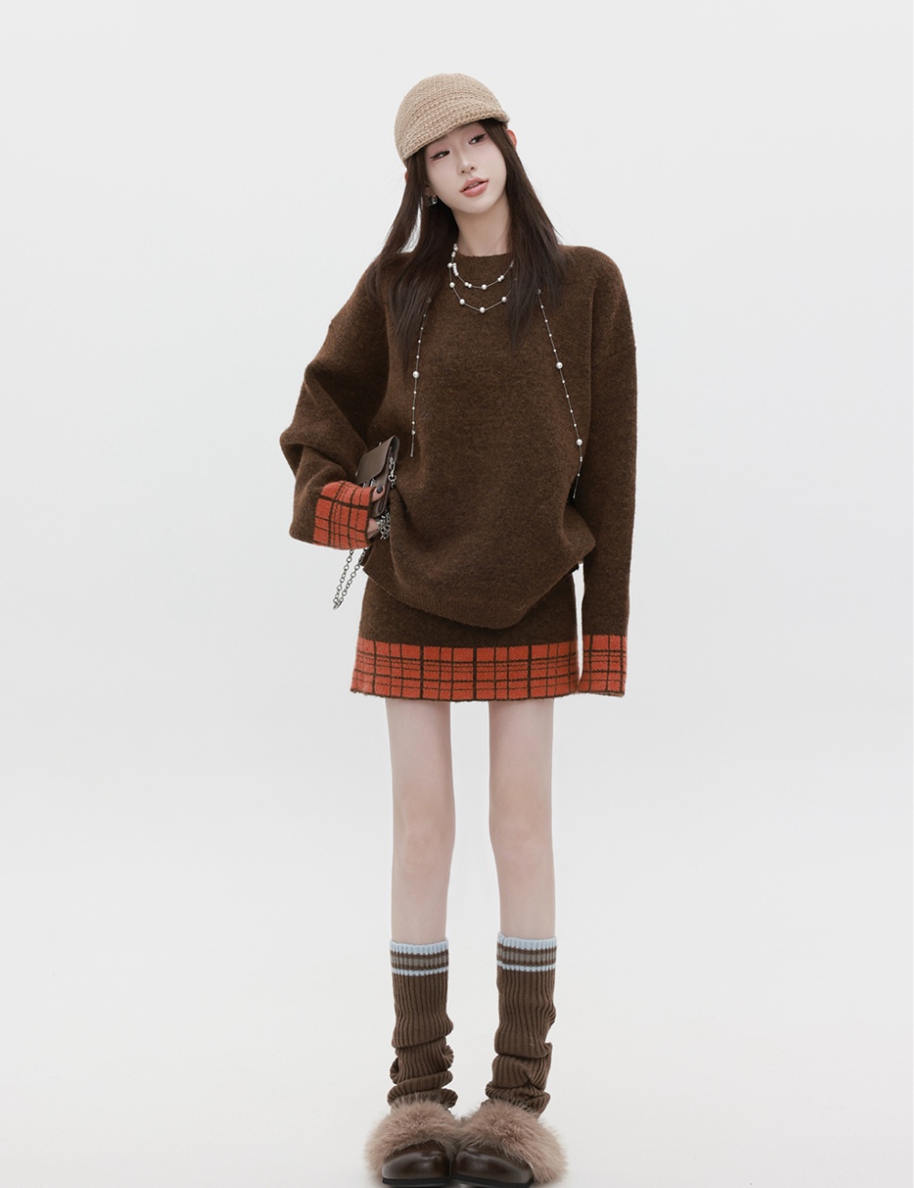 Round neck retro short skirt high waist sweater 2pcs set