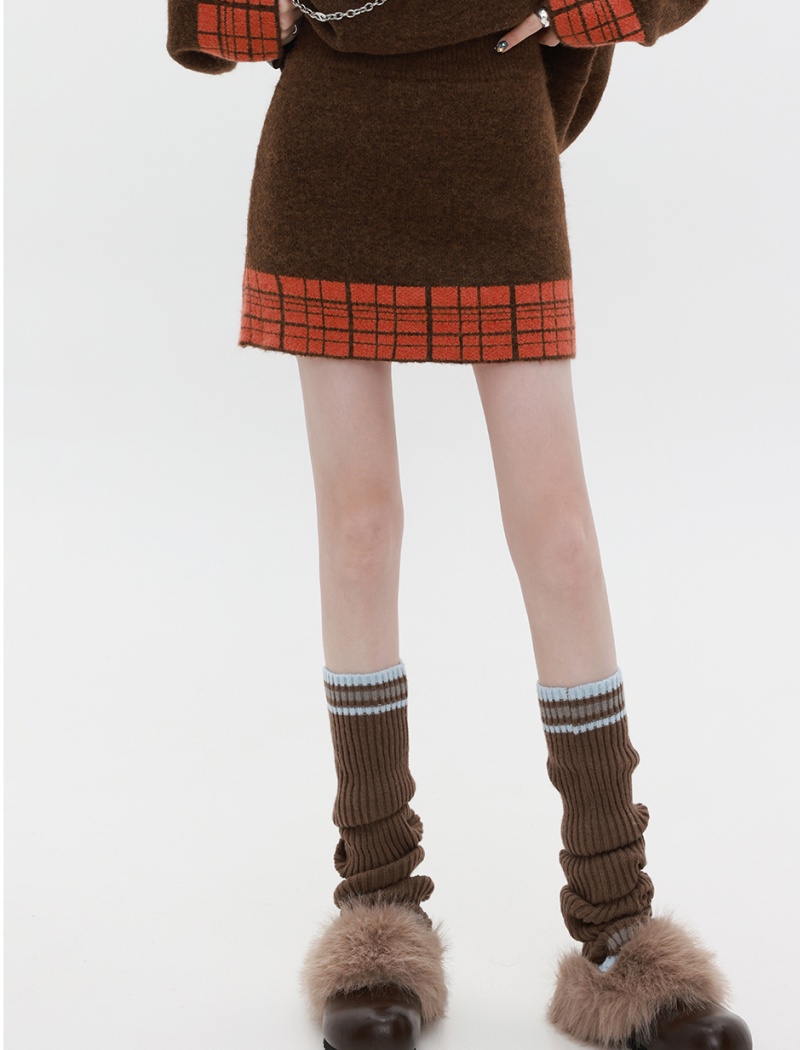 Round neck retro short skirt high waist sweater 2pcs set