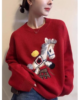 Embroidery pony loose red round neck sweater for women