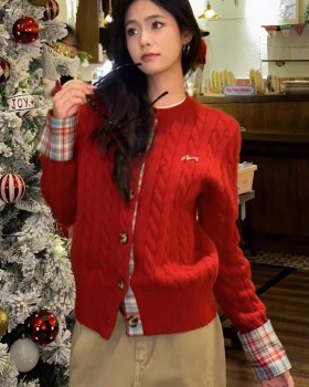 Red plaid cardigan Pseudo-two college style tops for women