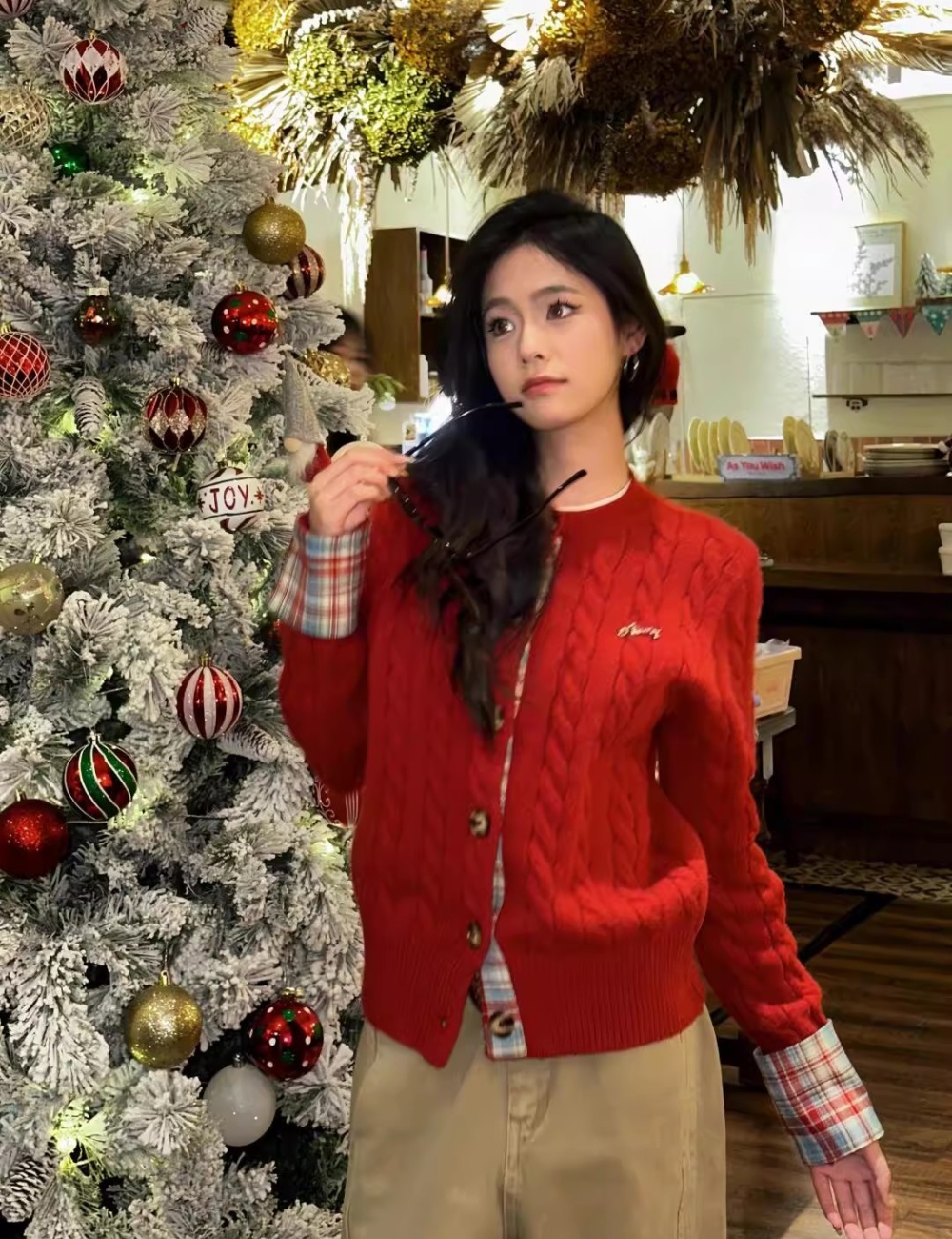 Red plaid cardigan Pseudo-two college style tops for women