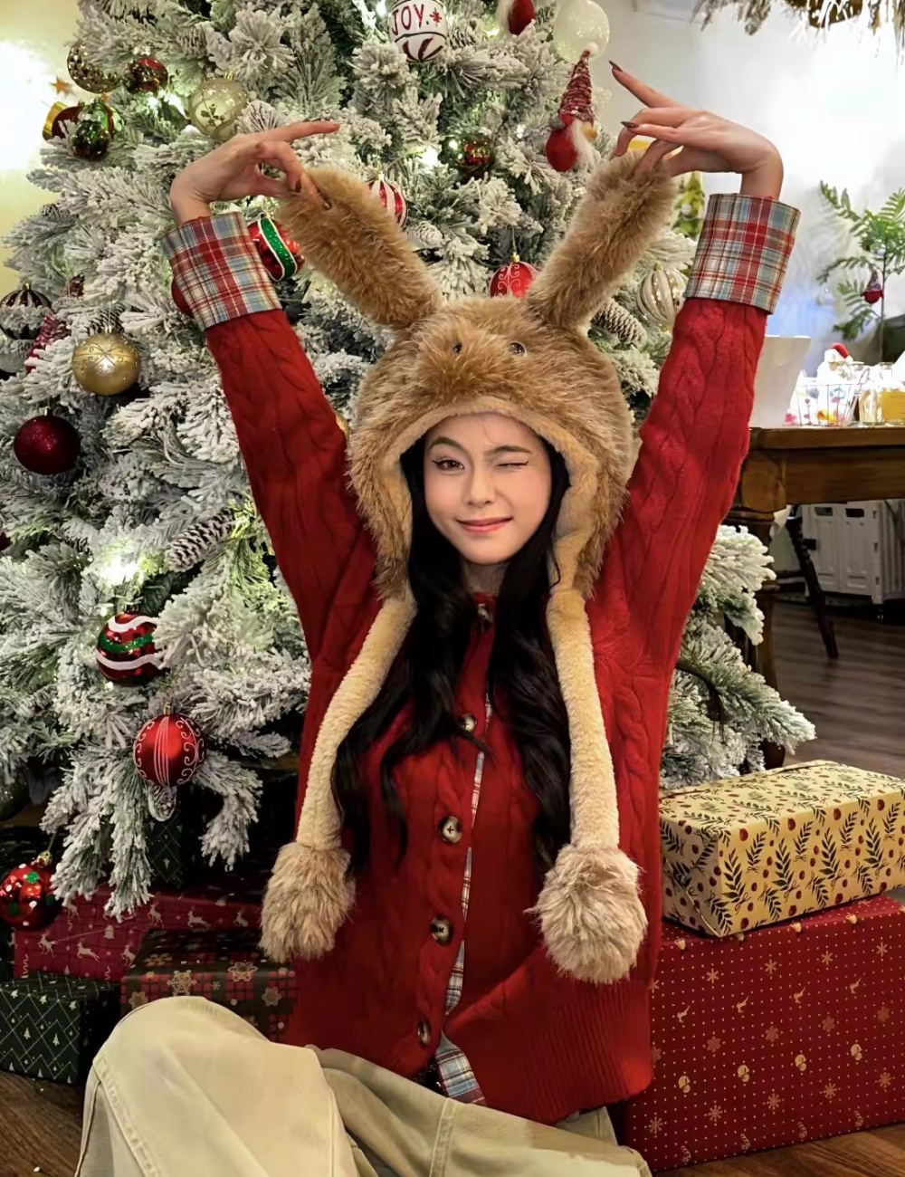 Red plaid cardigan Pseudo-two college style tops for women