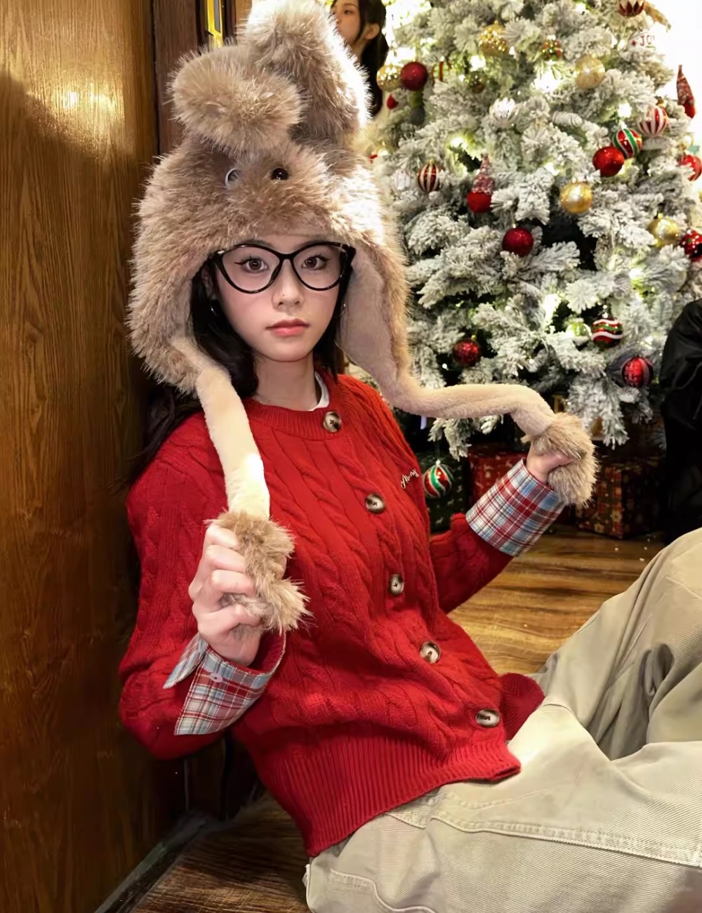 Red plaid cardigan Pseudo-two college style tops for women