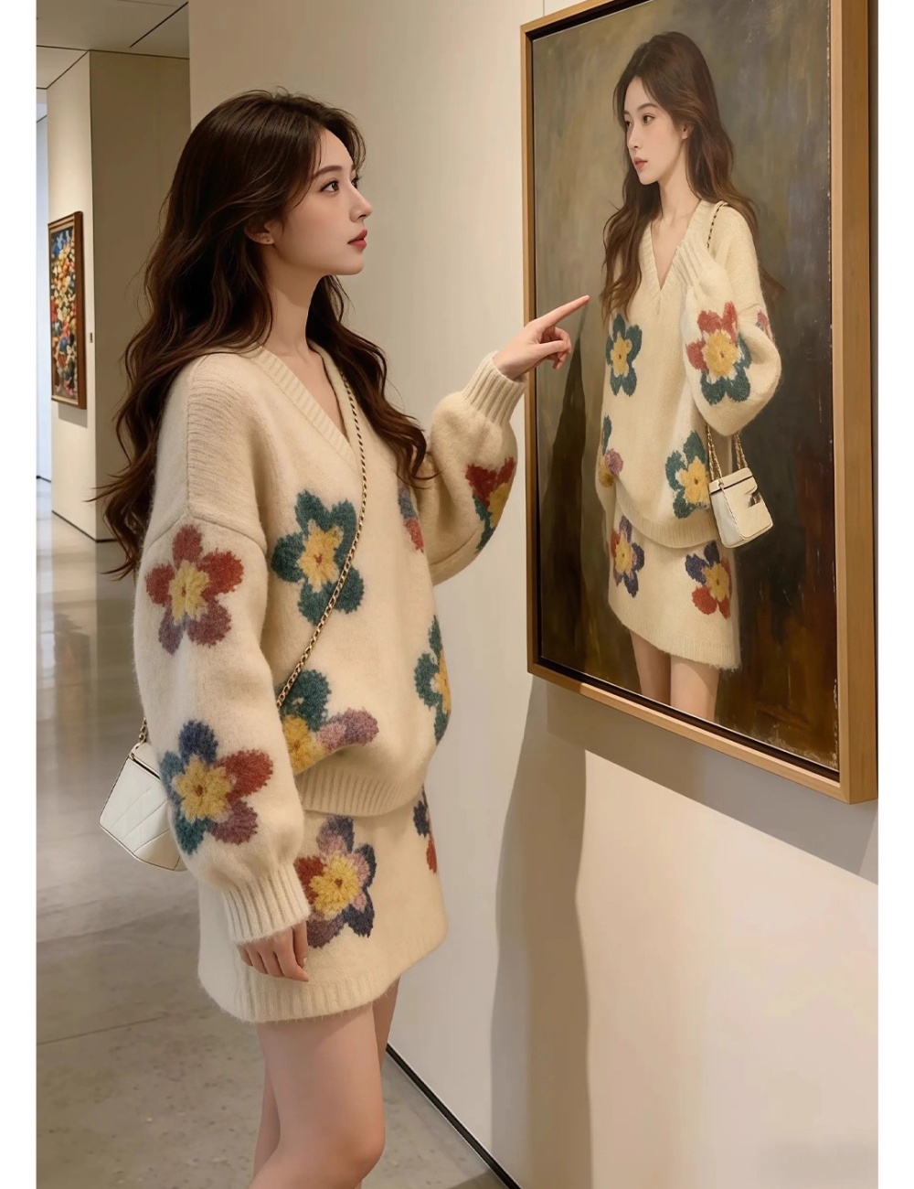 Korean style tender short skirt winter sweater 2pcs set