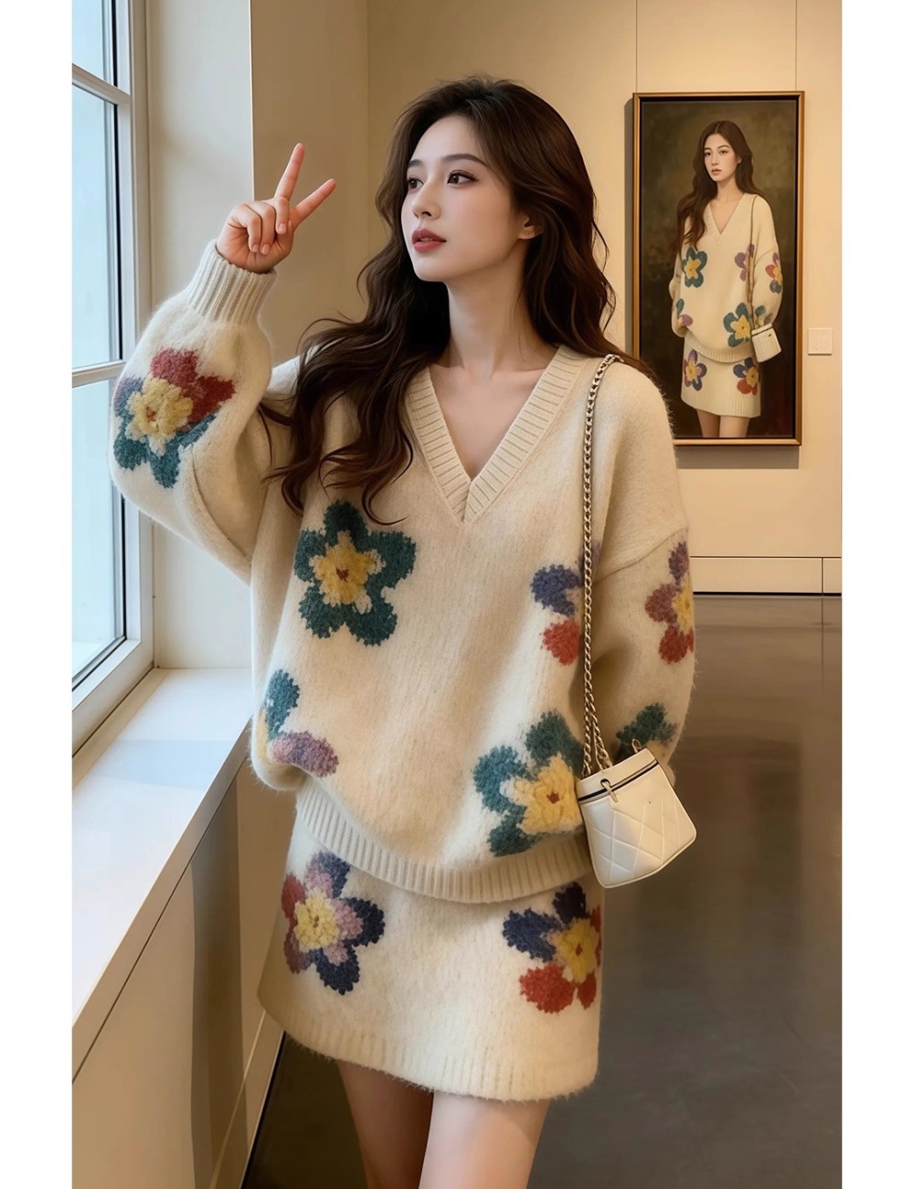 Korean style tender short skirt winter sweater 2pcs set