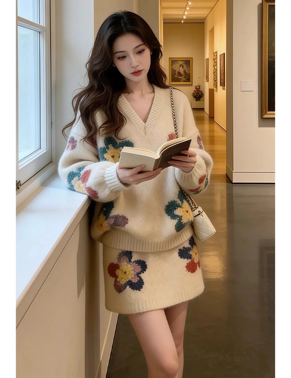 Korean style tender short skirt winter sweater 2pcs set