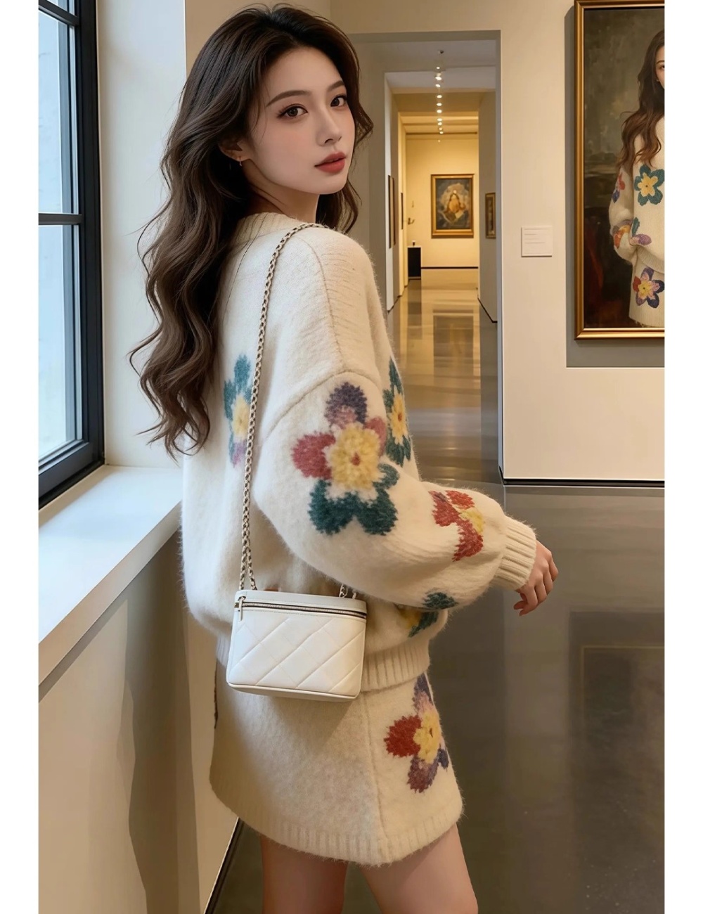 Korean style tender short skirt winter sweater 2pcs set