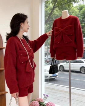 Bow slim shorts loose winter tops 2pcs set for women