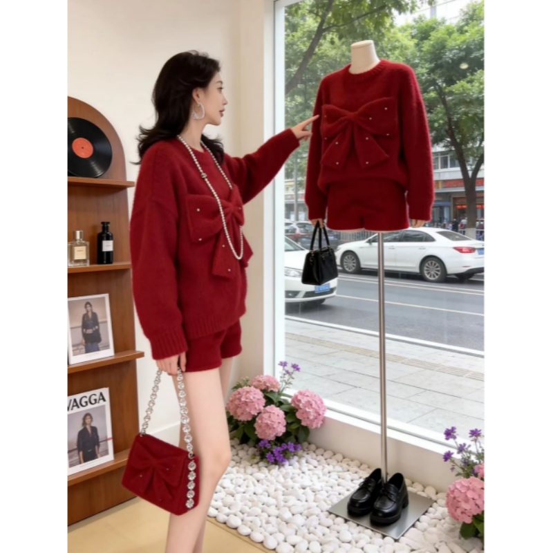 Bow slim shorts loose winter tops 2pcs set for women