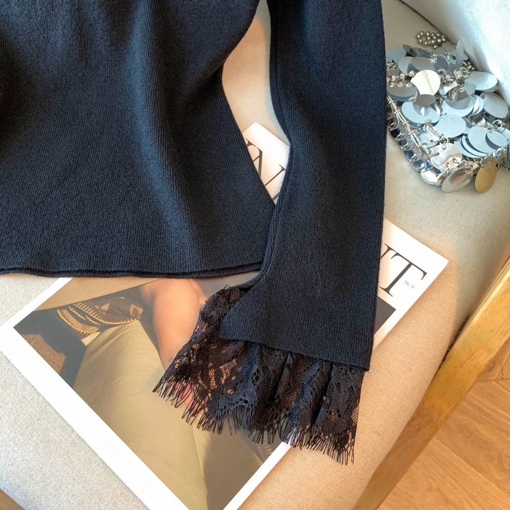 Flowers cstand collar V-neck splice sweater for women