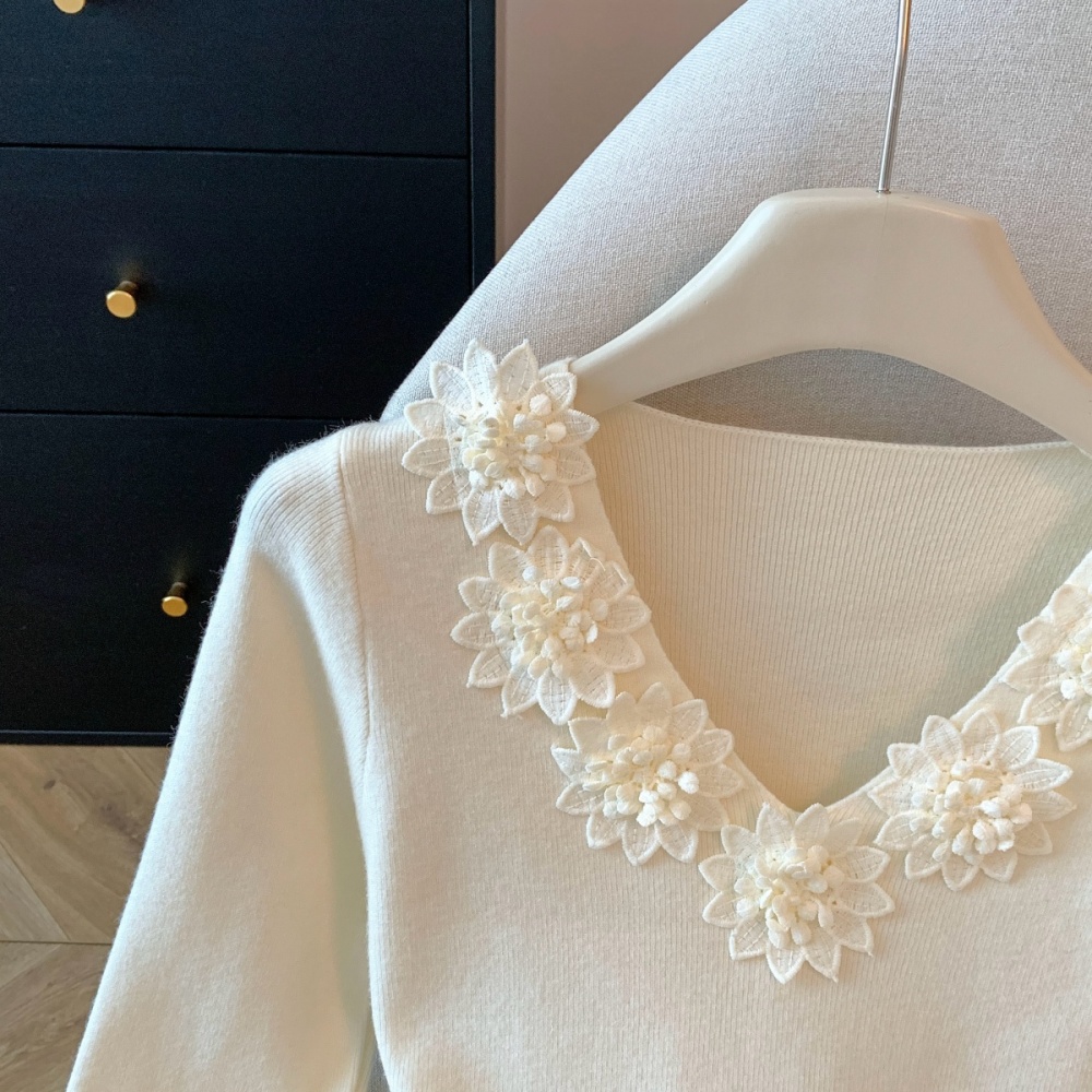 Flowers cstand collar V-neck splice sweater for women