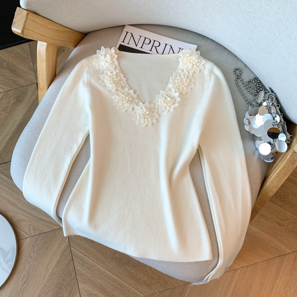 Flowers cstand collar V-neck splice sweater for women