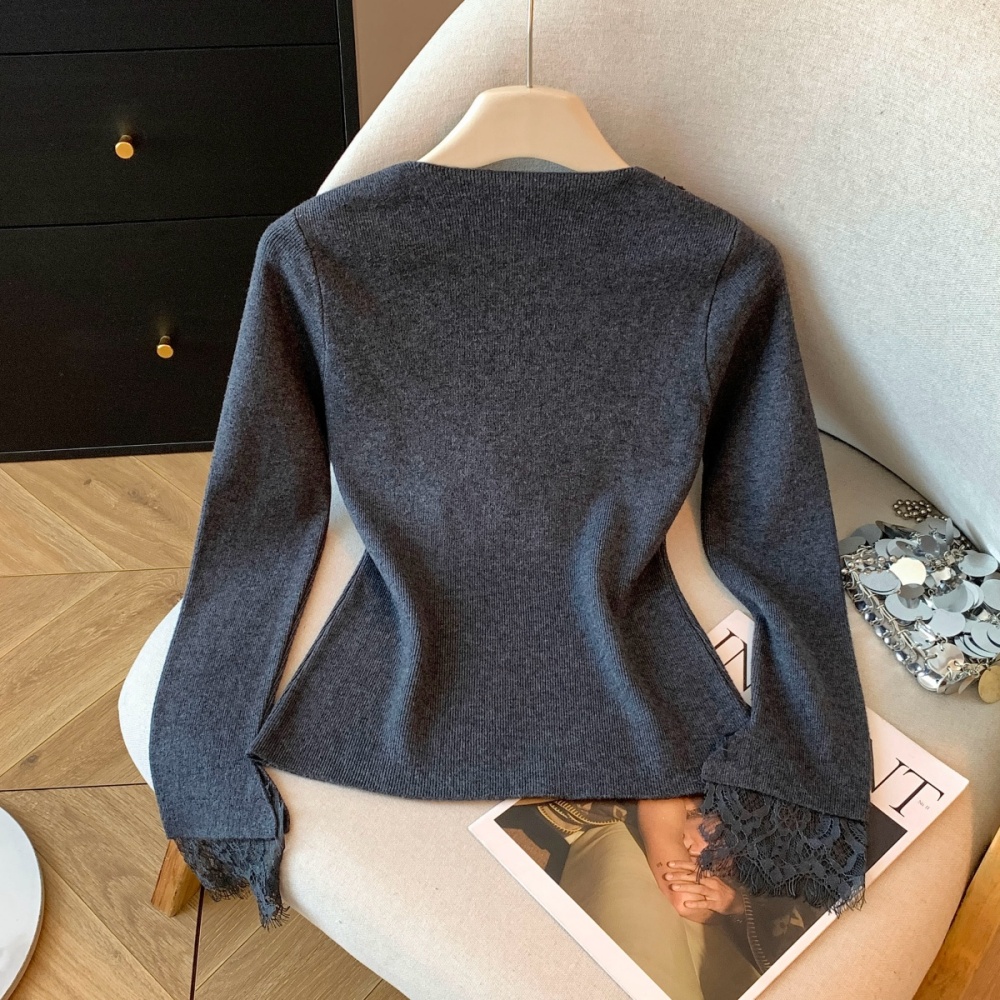 Flowers cstand collar V-neck splice sweater for women