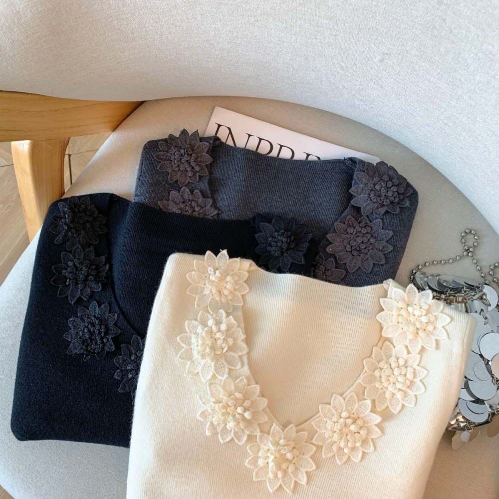 Flowers cstand collar V-neck splice sweater for women