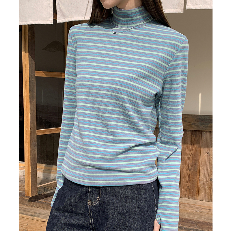 Blue stripe T-shirt autumn and winter bottoming shirt