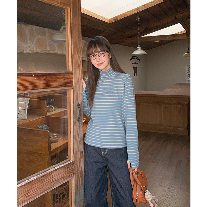 Blue stripe T-shirt autumn and winter bottoming shirt