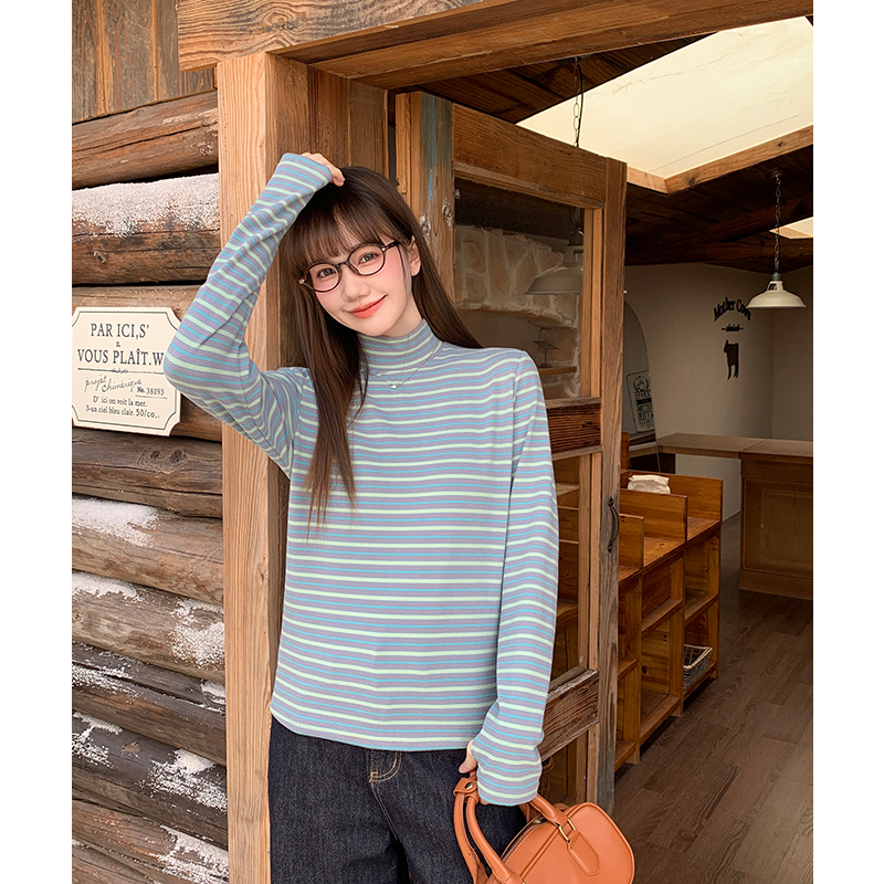 Blue stripe T-shirt autumn and winter bottoming shirt