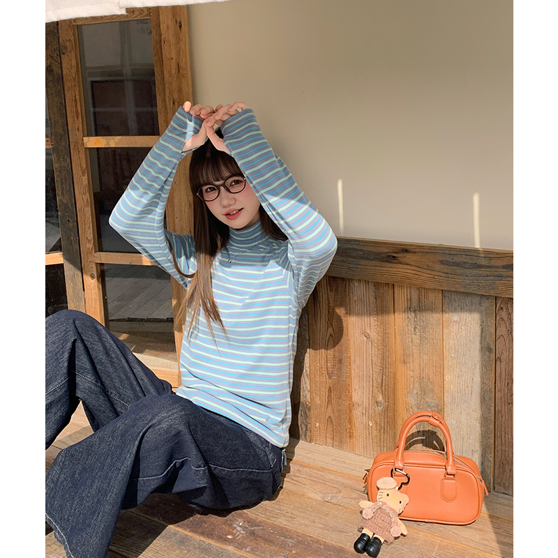 Blue stripe T-shirt autumn and winter bottoming shirt