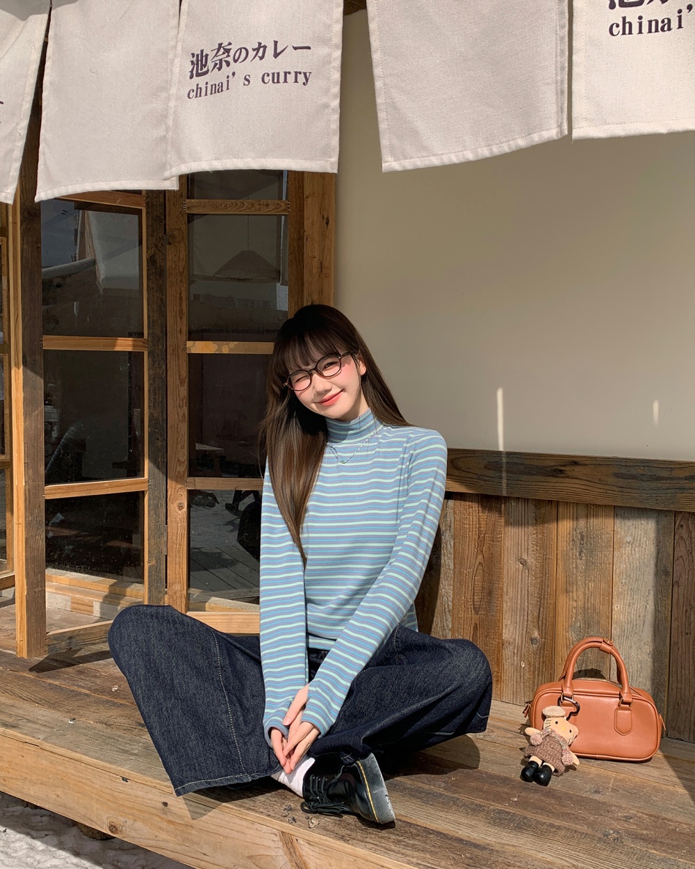 Blue stripe T-shirt autumn and winter bottoming shirt