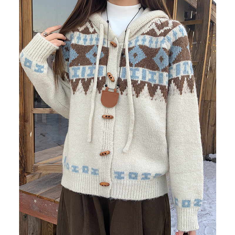 Hooded loose wears outside cardigan thick retro lazy sweater