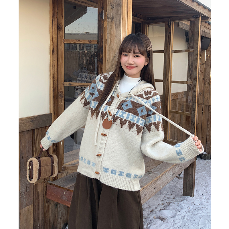 Hooded loose wears outside cardigan thick retro lazy sweater