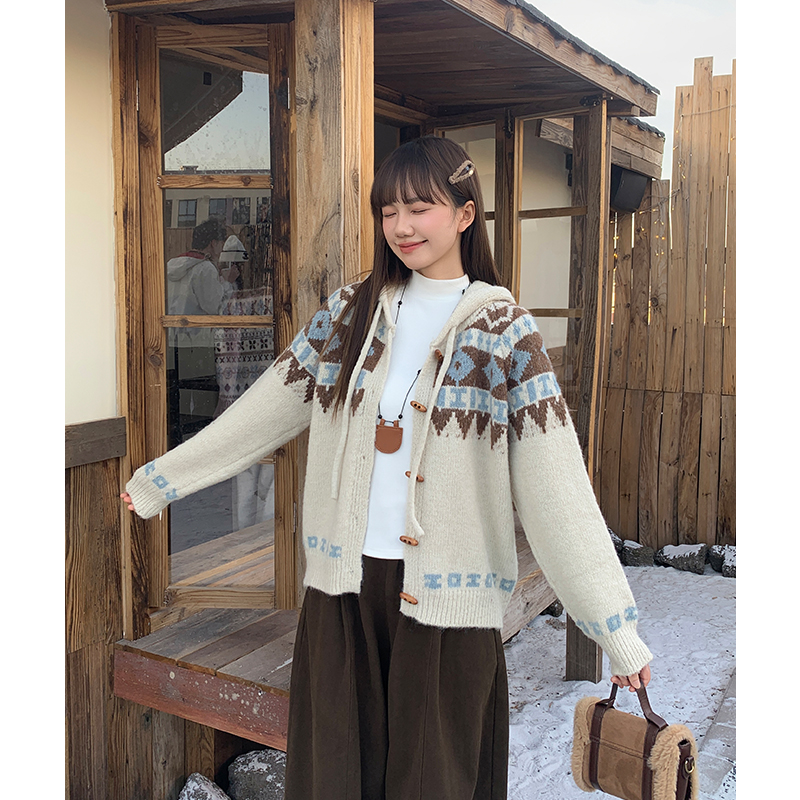 Hooded loose wears outside cardigan thick retro lazy sweater