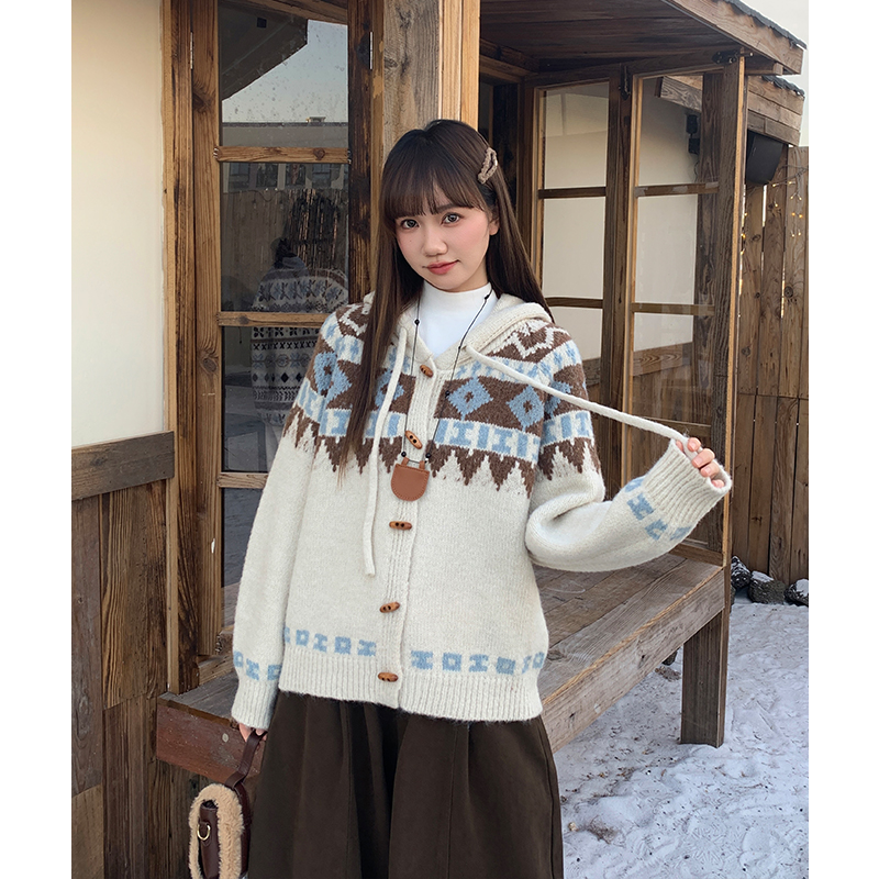 Hooded loose wears outside cardigan thick retro lazy sweater