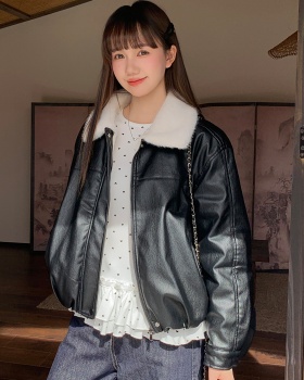 American style plus velvet leather coat black coat for women