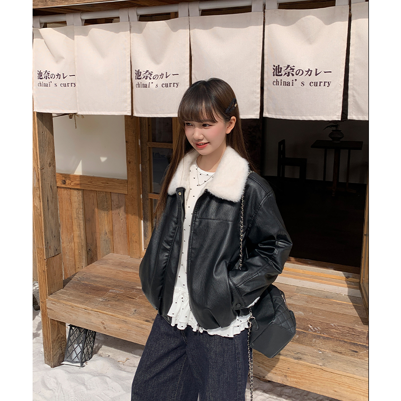 American style plus velvet leather coat black coat for women