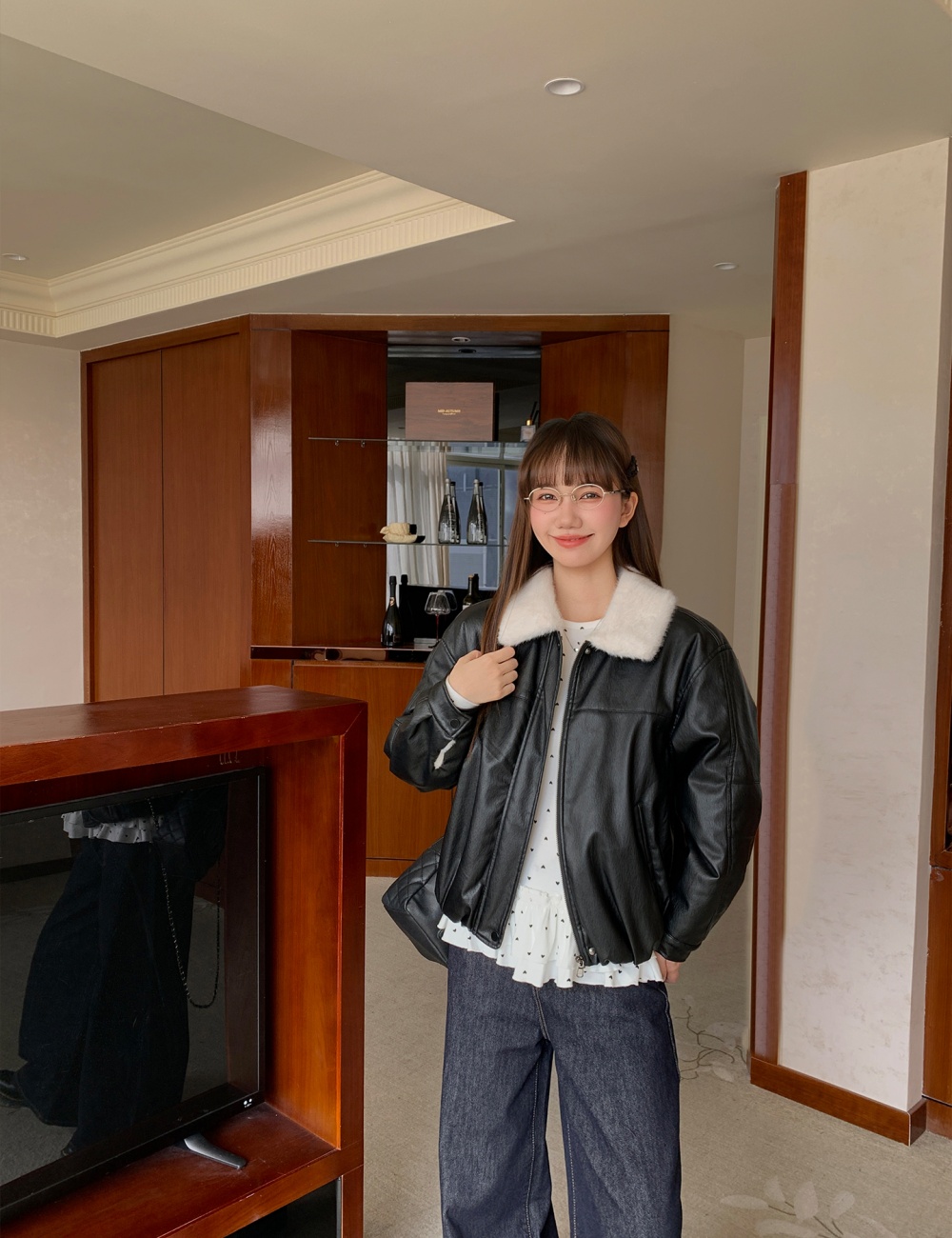 American style plus velvet leather coat black coat for women