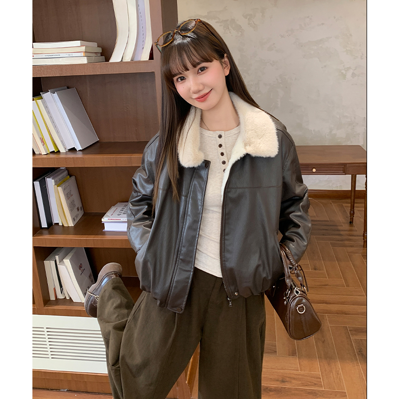 American style plus velvet leather coat black coat for women