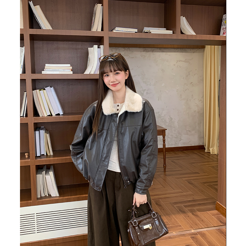 American style plus velvet leather coat black coat for women