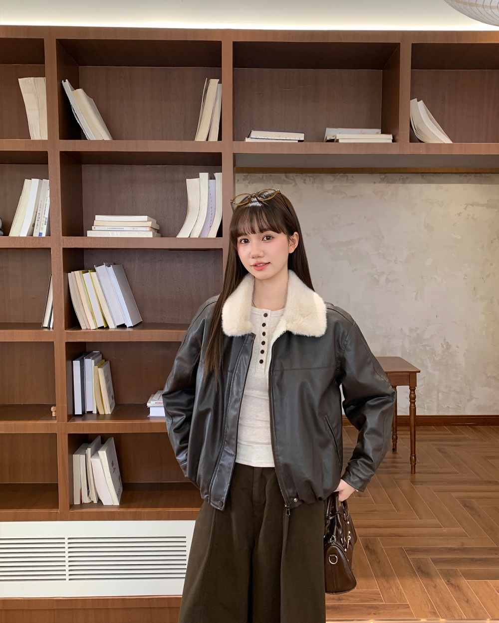 American style plus velvet leather coat black coat for women