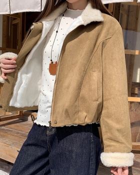 Retro thermal lambs wool loose cstand collar short coat