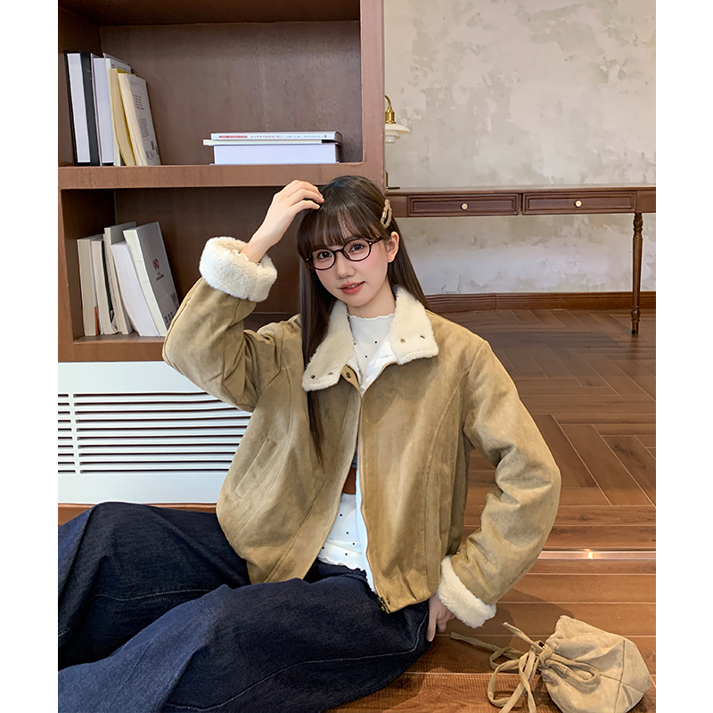 Retro thermal lambs wool loose cstand collar short coat