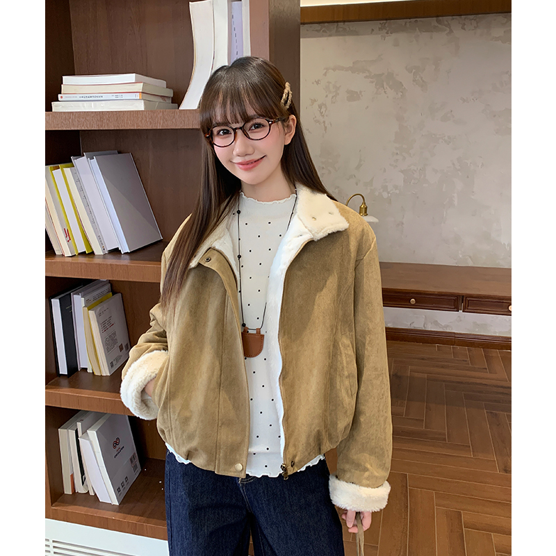 Retro thermal lambs wool loose cstand collar short coat