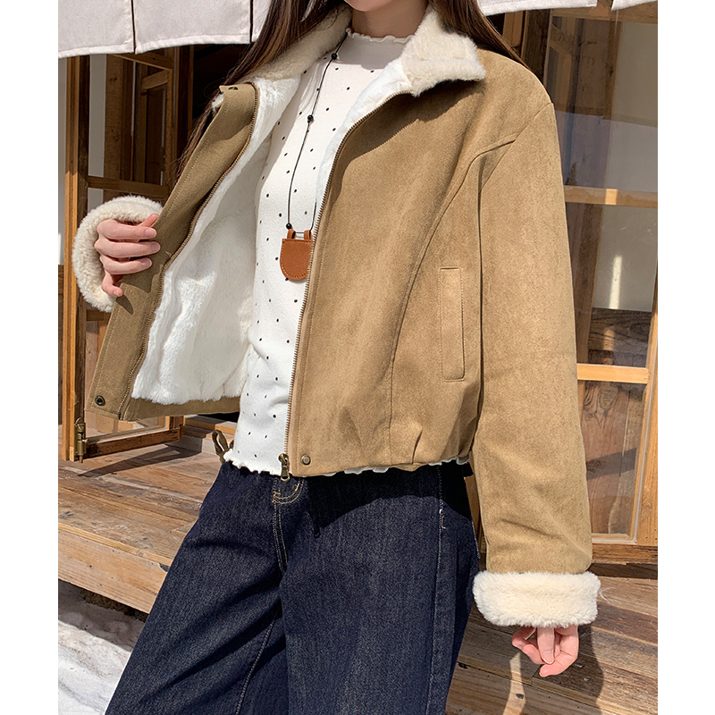 Retro thermal lambs wool loose cstand collar short coat